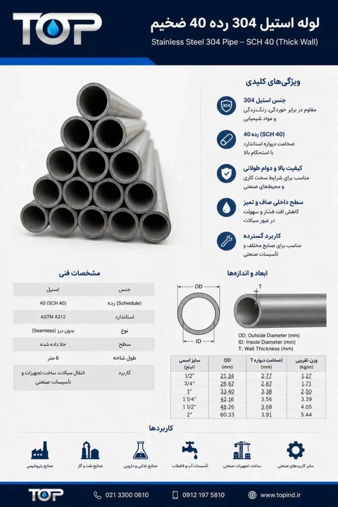 لوله استیل 304 رده 40 بدون درز