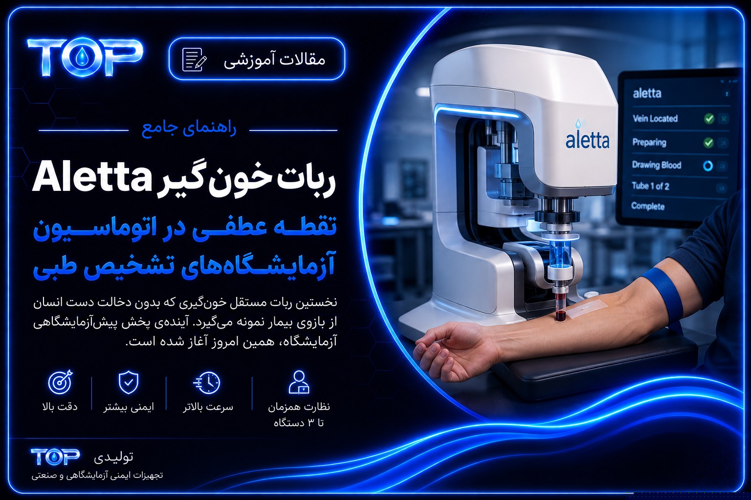 ربات خون‌گیر Aletta در حال نمونه‌گیری خودکار خون در آزمایشگاه تشخیص طبی