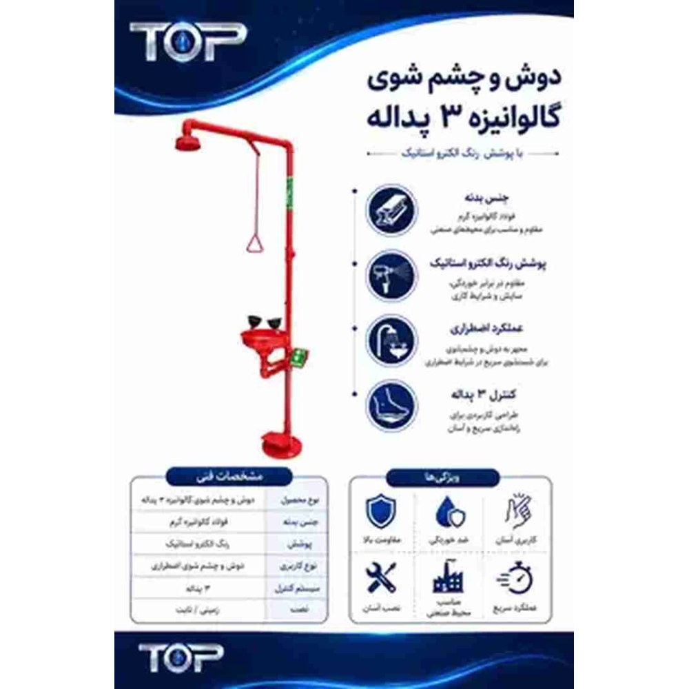 دوش و چشمشوی اضطراری گالوانیزه سه پداله با پوشش رنگ الکترواستاتیک TOP