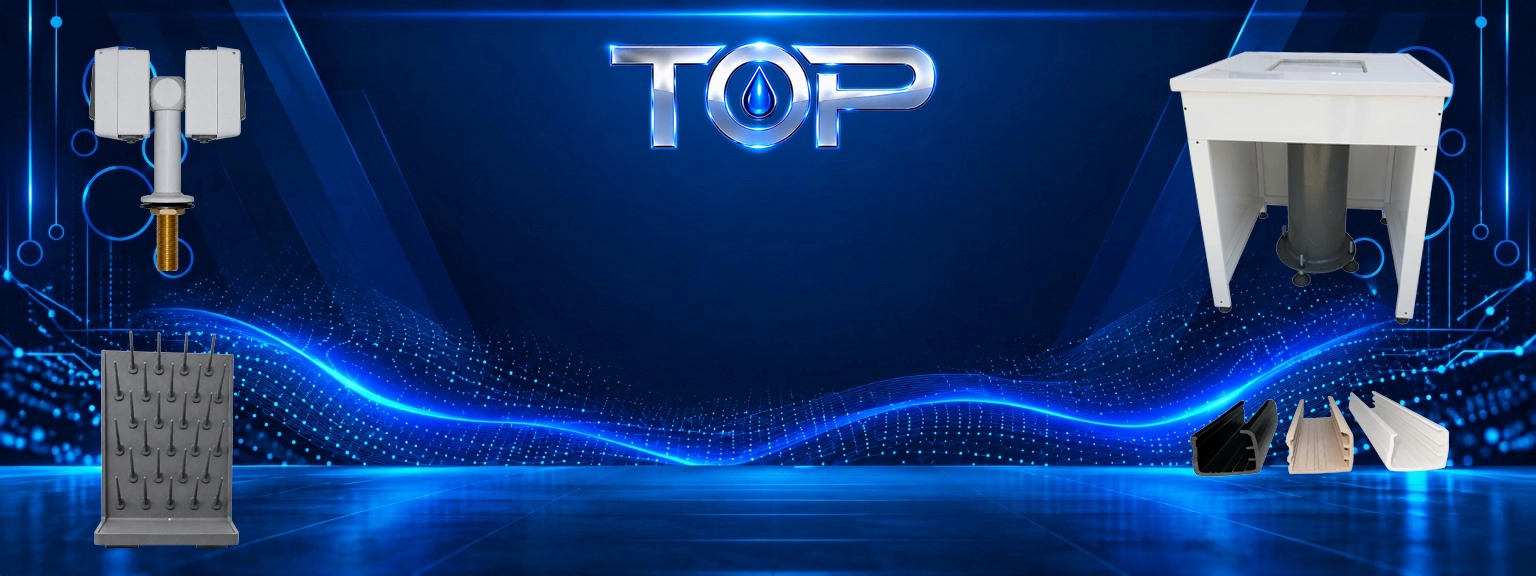 تجهیزات جانبی آزمایشگاهی TOP شامل میز ترازو، رک خشک‌کن ظروف، زهوار لبه میز و پایه پریز برق